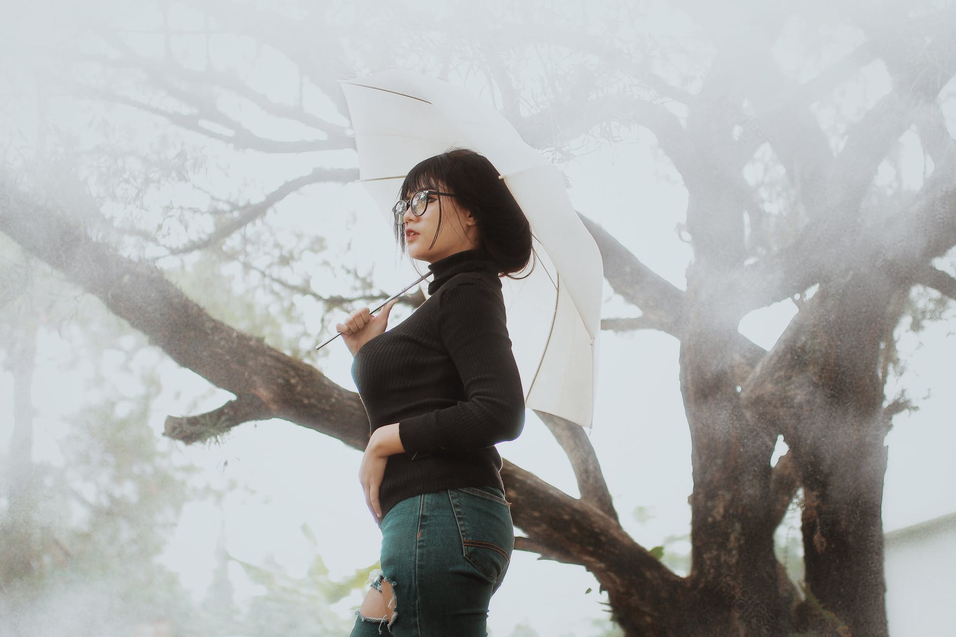 woman with umbrella under tree in fog